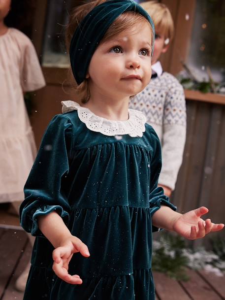 Caixa presente de Natal, vestido em veludo + fita de cabelo, para bebé menina verde-esmeralda 