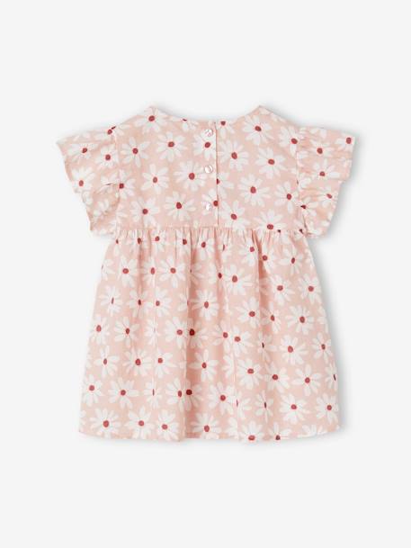 Blusa às flores, mangas curtas com folhos, para menina laranja estampado+rosa-pálido 