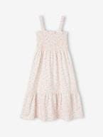 Vestido aos favos, com alças, para menina alperce+branco estampado+verde-esmeralda 