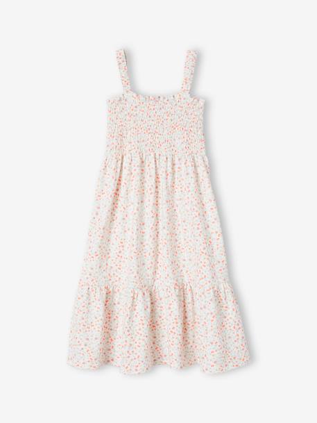 Vestido aos favos, com alças, para menina alperce+branco estampado+verde-esmeralda 