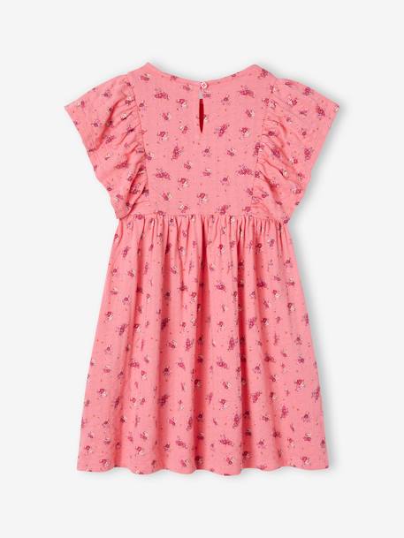 Vestido às flores, em malha com relevo, para menina cru+rosa-bombom+tangerina 