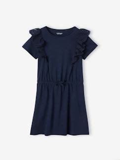 Vestido com folhos em bordado inglês, para menina