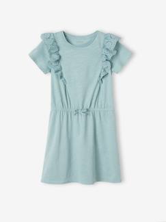 Vestido com folhos em bordado inglês, para menina