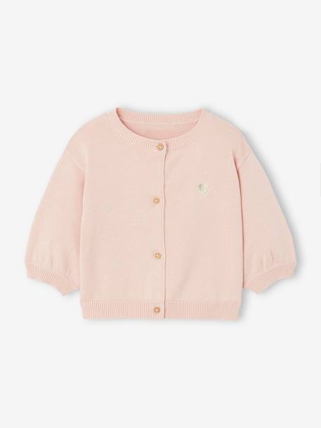 Casaco basics em tricot, coração bordado, para bebé branco+rosado 