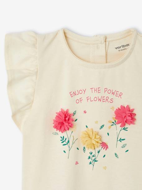 T-shirt com flores em relevo, para bebé cru+ROSA CLARO LISO COM MOTIVO 