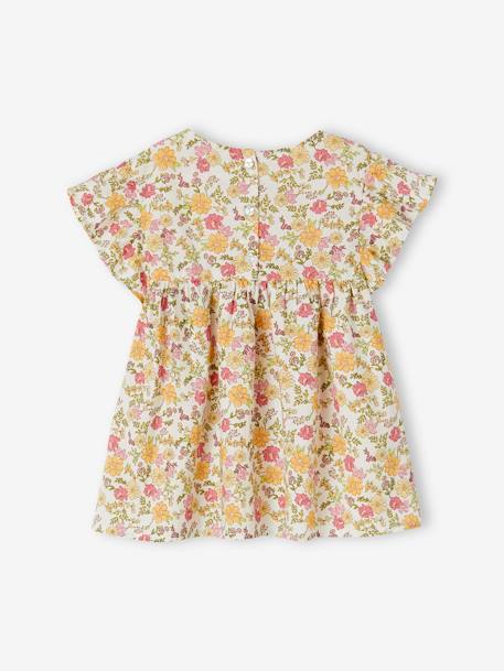 Blusa às flores, mangas curtas com folhos, para menina laranja estampado+rosa-pálido 