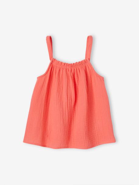 Blusa de alças, em gaze de algodão, para menina bege-areia+branco estampado+coral+coral fluorescente+cru 