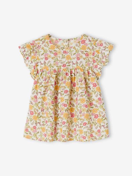 Blusa às flores, mangas curtas com folhos, para menina laranja estampado+rosa-pálido 