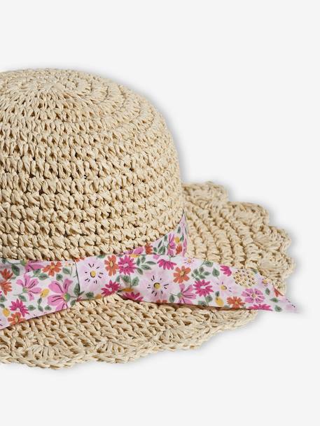 Chapéu aspeto palha efeito crochet, com fita estampada, para menina rosa-pálido 