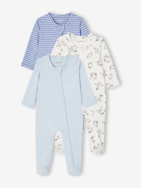 Lote de 3 pijamas em jersey, abertura com fecho, BASICS, para bebé azul-cambraia+cappuccino 