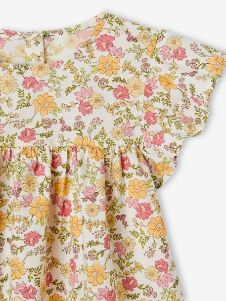 Blusa às flores, mangas curtas com folhos, para menina laranja estampado+rosa-pálido 