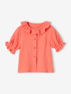 Blusa com folho na gola, em gaze de algodão, para menina coral+cru 