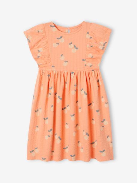 Vestido às flores, em malha com relevo, para menina cru+rosa-bombom+tangerina 