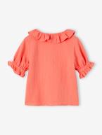 Blusa com folho na gola, em gaze de algodão, para menina coral+cru 