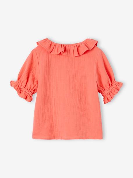 Blusa com folho na gola, em gaze de algodão, para menina coral+cru 