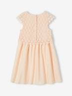 Vestido de cerimónia efeito 2 em 1 com sobreposição em macramé, para menina BRANCO CLARO LISO+rosa-nude 