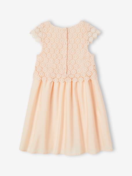 Vestido de cerimónia efeito 2 em 1 com sobreposição em macramé, para menina BRANCO CLARO LISO+rosa-nude 