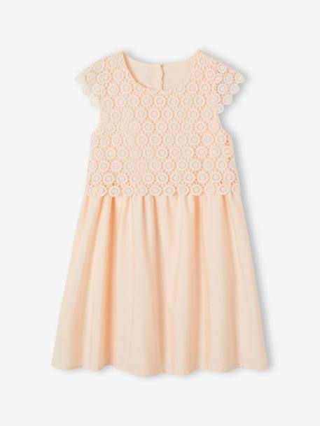 Vestido de cerimónia efeito 2 em 1 com sobreposição em macramé, para menina BRANCO CLARO LISO+rosa-nude 