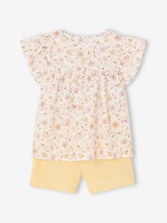 Conjunto blusa às flores e calções, em gaze de algodão, para menina