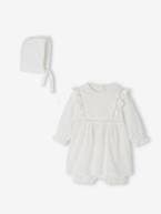 Conjunto especial cerimónia, vestido, calções e gorro, para bebé branco 