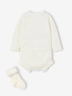 Conjunto de 3 peças, em tricot: casaco, calções e collants, para recém-nascido cru 