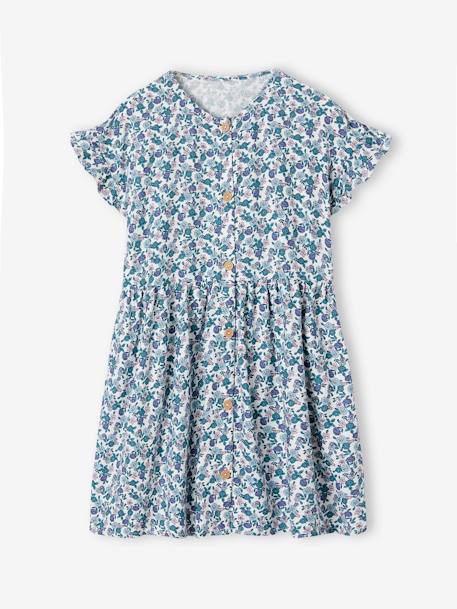 Vestido às flores com botões, para menina azul+azul-azure+cru+marinho 