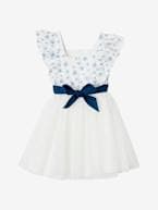 Vestido de cerimónia com folhos, para menina azul estampado+estampado rosa 