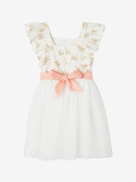 Vestido de cerimónia com folhos, para menina azul estampado+estampado rosa 