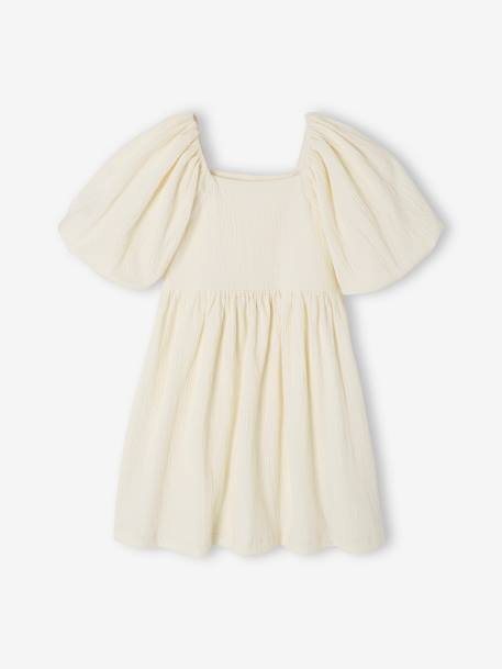 Vestido de cerimónia aos favos, em tecido com relevo, para menina baunilha+verde-salva 