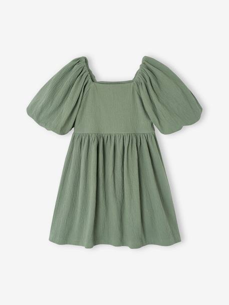 Vestido de cerimónia aos favos, em tecido com relevo, para menina baunilha+verde-salva 