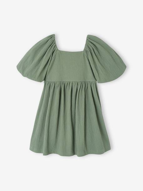 Vestido de cerimónia aos favos, em tecido com relevo, para menina baunilha+verde-salva 