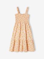 Vestido aos favos, com alças, para menina alperce+branco estampado+verde-esmeralda 