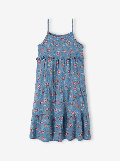 Vestido comprido de alças, em gaze de algodão, para menina azul-petróleo+coral+cru+laranja estampado 