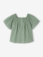 Blusa com decote quadrado, em bordado inglês, para bebé cru+rosa-framboesa+verde-salva 