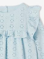 Blusa com folhos em bordado inglês, para menina azul-céu+coral+cru 