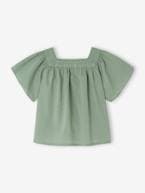 Blusa com decote quadrado, em bordado inglês, para bebé cru+rosa-framboesa+verde-salva 