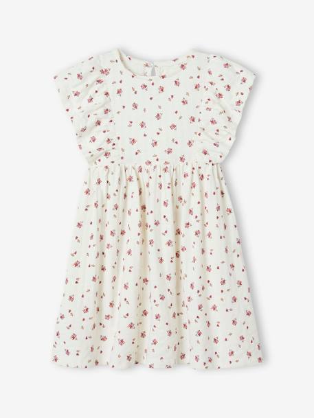 Vestido às flores, em malha com relevo, para menina cru+rosa-bombom+tangerina 