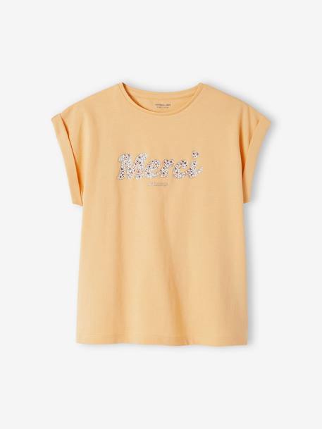 T-shirt com mensagem e flores, para menina amarelo-pálido+azul-céu+cru 