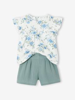 Conjunto de cerimónia, blusa com folhos e calções em gaze de algodão, para menina