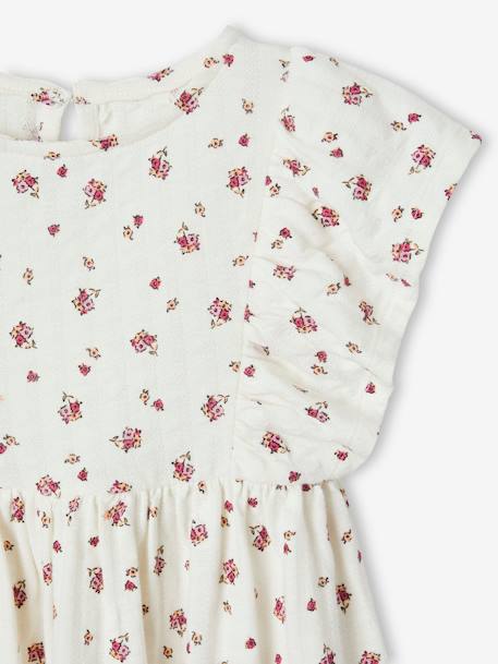 Vestido às flores, em malha com relevo, para menina cru+rosa-bombom+tangerina 