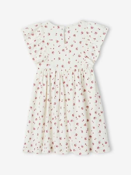 Vestido às flores, em malha com relevo, para menina cru+rosa-bombom+tangerina 