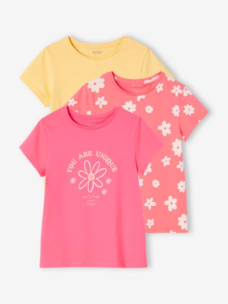 Lote de 3 t-shirts sortidas com detalhes irisados, para menina amarelo-pastel+AZUL ESCURO LISO COM MOTIVO+CASTANHO CLARO LISO COM MOTIVO+rosa-framboesa+verde-salva 