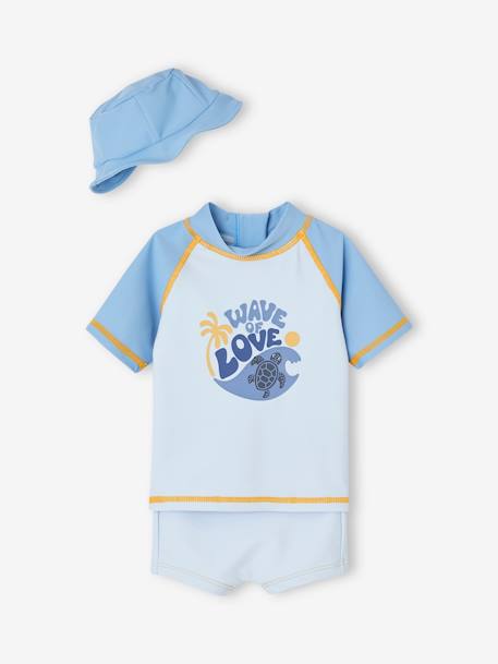 Conjunto de banho anti UV, com t-shirt + calções + chapéu tipo bob, para bebé menino azul-oceano 