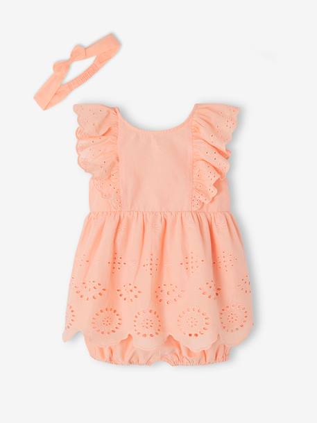 Conjunto de cerimónia para bebé: vestido, calções bloomers e fita do cabelo BRANCO CLARO LISO+coral 