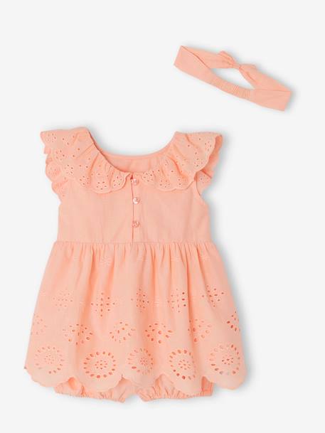 Conjunto de cerimónia para bebé: vestido, calções bloomers e fita do cabelo BRANCO CLARO LISO+coral 