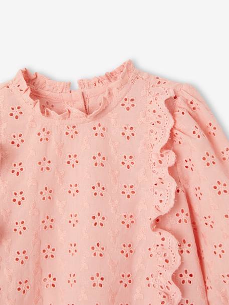 Blusa em bordado inglês, com folhos, para bebé rosa-pálido 