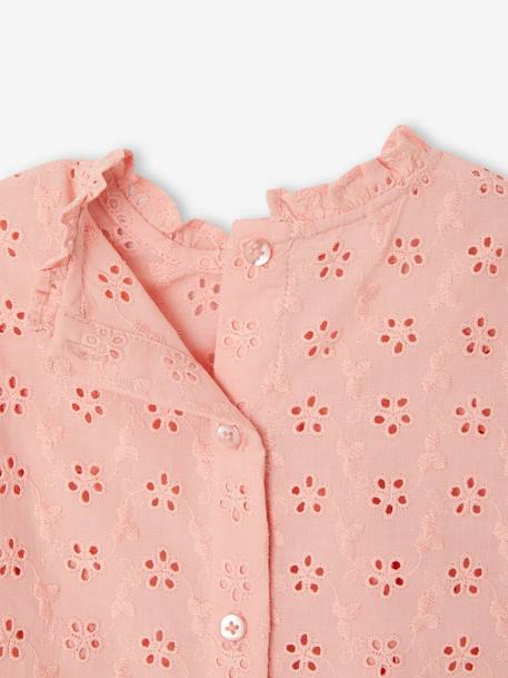 Blusa em bordado inglês, com folhos, para bebé rosa-pálido 