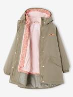 Parka 3 em 1 com capuz e corta-vento às flores amovível, para menina caqui+rosa 