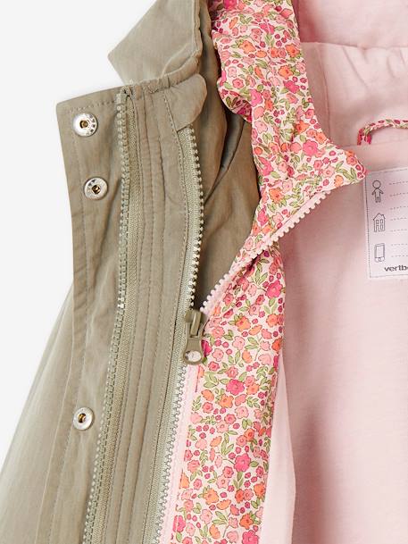 Parka 3 em 1 com capuz e corta-vento às flores amovível, para menina caqui+rosa 