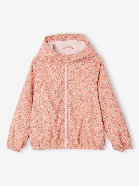 Parka 3 em 1 com capuz e corta-vento às flores amovível, para menina caqui+rosa 